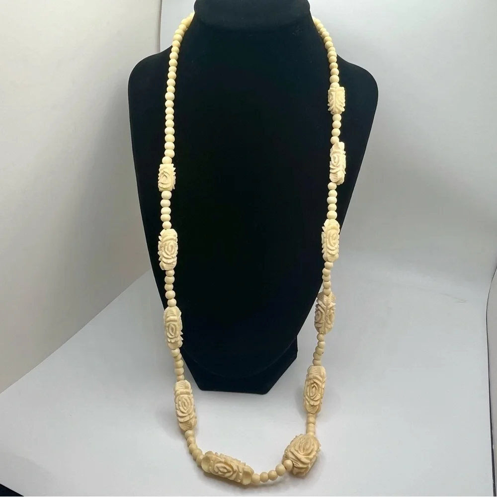 vintage carved bone necklace cream floral rose beads long strand